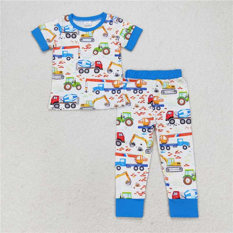 RTS NO MOQ Baby Boys Construction Truck Print Short Sleeve Trousers Set