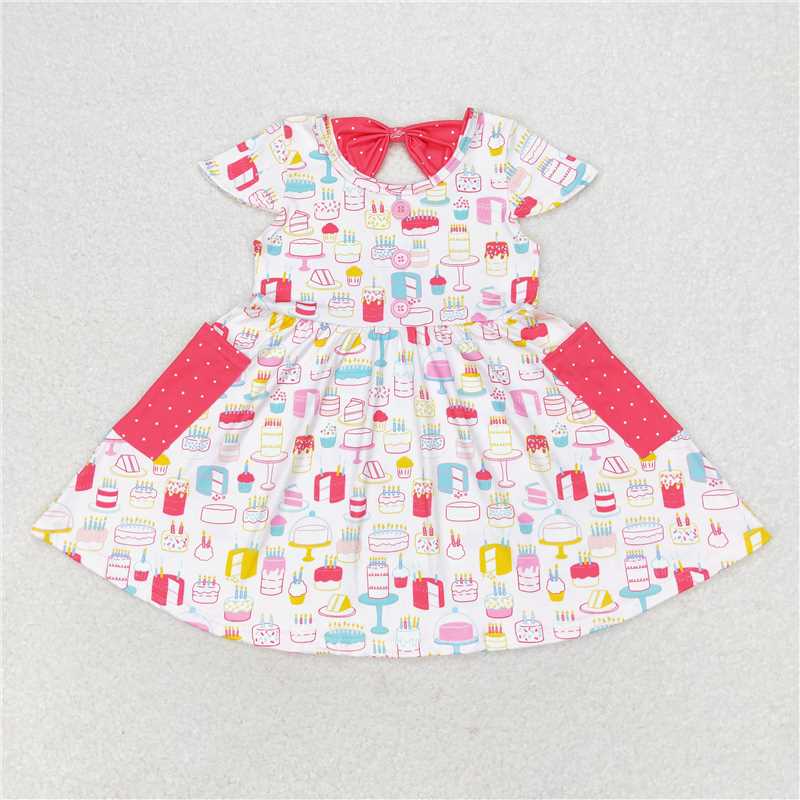 RTS NO MOQ GSD1082 GT0634 Birthday Cake Watermelon Red Bowknot Short Sleeve Dress & Birthday Puppy Hooded Zipper Pullover Long Sleeve Top