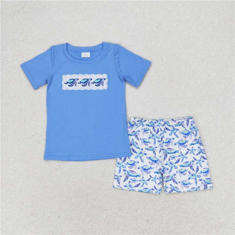 RTS Embroidered turtle blue short-sleeved shorts set