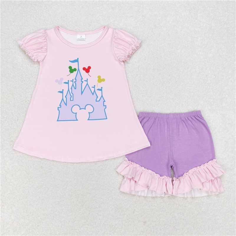 RTS no moq GSSO1185 Mickey Castle pink short-sleeve purple shorts set