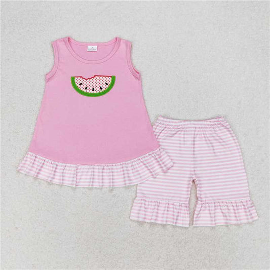 RTS no moq GSSO1239 Embroidered watermelon pink sleeveless striped shorts set