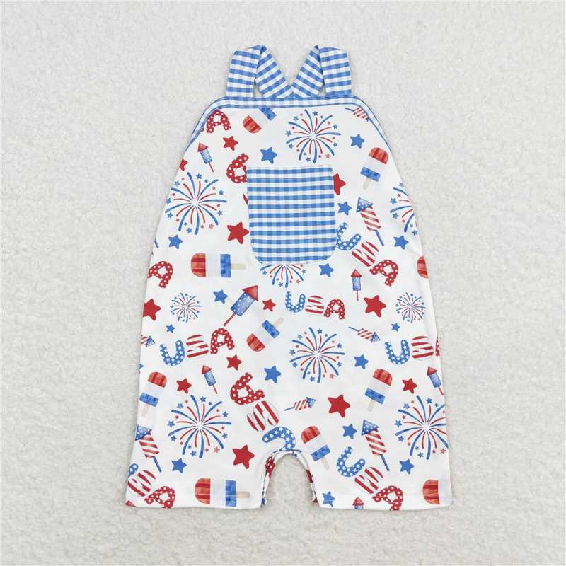 RTS no moq SR1366 usa star fireworks blue and white plaid pocket suspenders jumpsuit