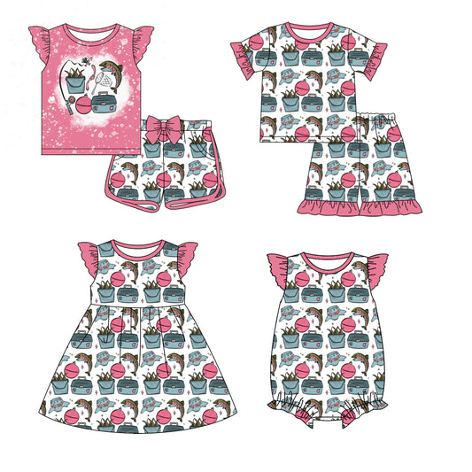 26.1.6 custom each style moq 5 eta 6-8week Sibling Sister fishing baby short sleeve shorts sets 2 and dress and romper match design