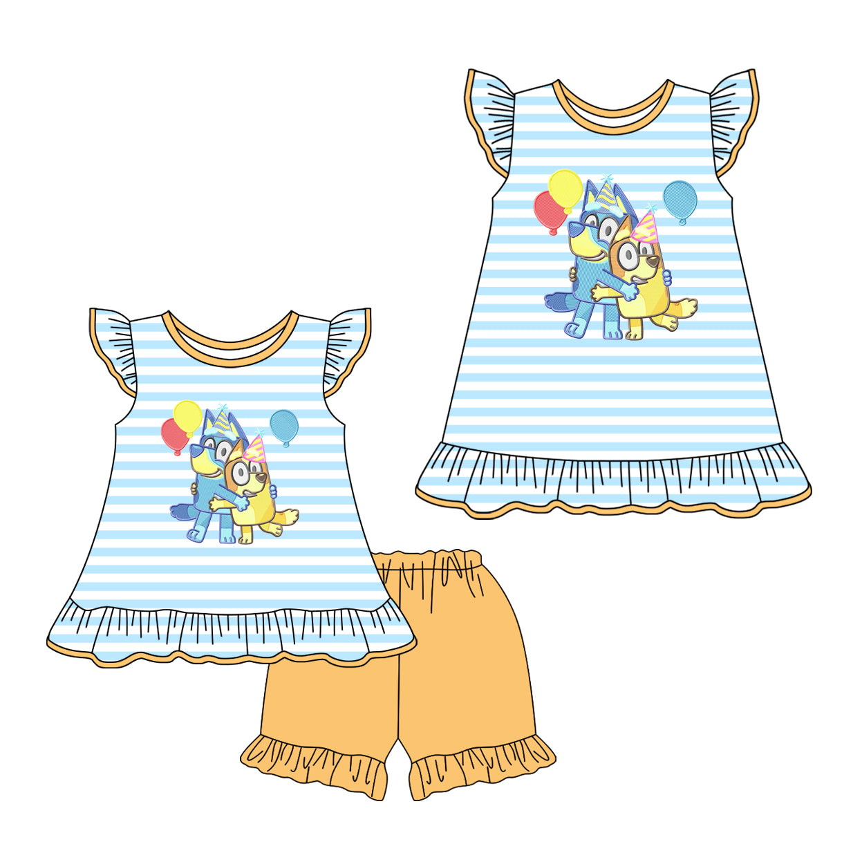 2.7 custom each style moq 5eta 4-6week Sibling Sister cartoon dog balloon baby girl short sleeve shorts sets and dresses match design