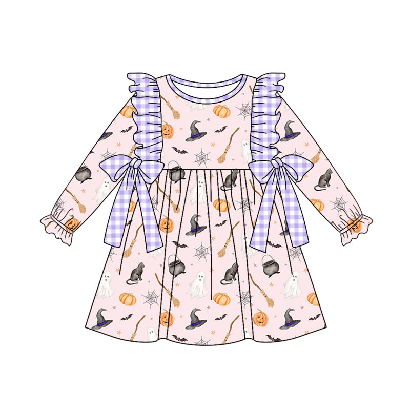 5.7custom each style moq 5eta 4-5week Sibling Sister Halloween ghost pumpkin magic hat prints purple girls outfits and baby romper and dress match family design