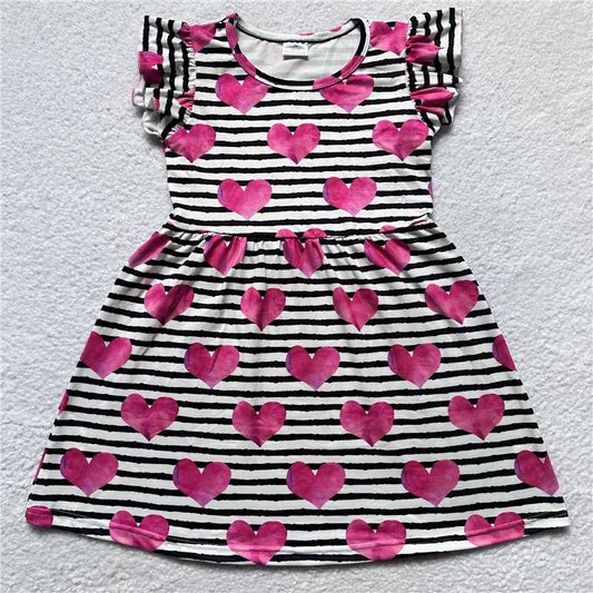 RTS SALES NO MOQ G1-6-4/., Pink love heart black and white striped flying sleeve skirt 粉色爱心黑白条纹飞袖裙