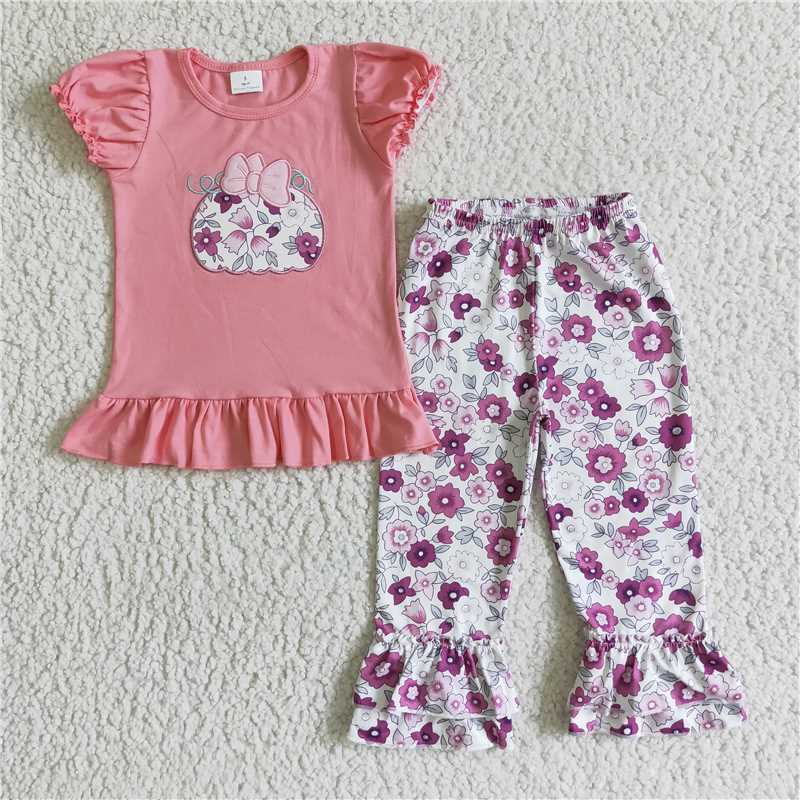 RTSEmbroidered Flower Pumpkin Halloween Purple Pink Pants Set