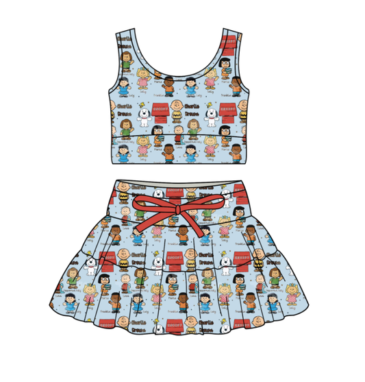 Custom moq 5 mix size milk silk baby girl clothes summer cartoon sleeveless skirts sets