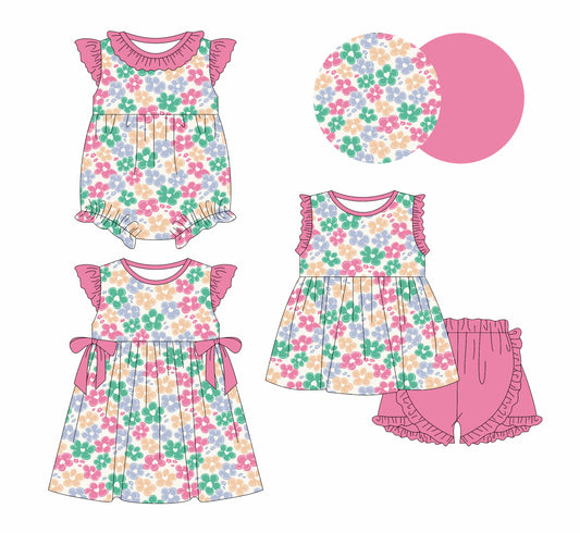 1.10 custom each style moq 5eta 4-6week Sibling Sister floral baby girl short sleeve shorts sets and dress and rompers match family design