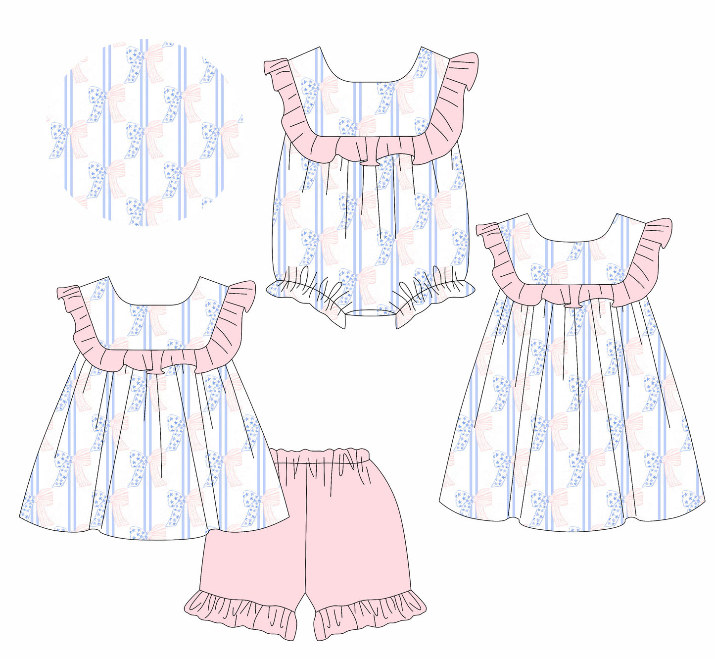 1.15 custom each style moq 5eta 4-6week Sibling Sisters bow baby girl short sleeve shorts sets and dress and rompers match family design