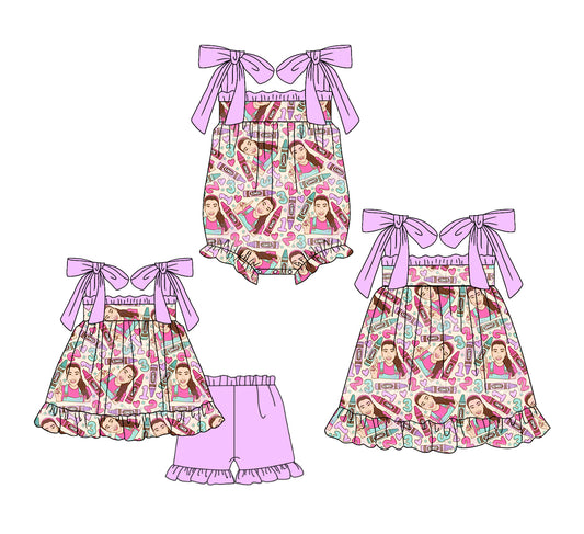 1.20 custom each style moq 5eta 4-6week Sibling Sisters cartoon baby girl short sleeve shorts sets and dress and rompers match family design