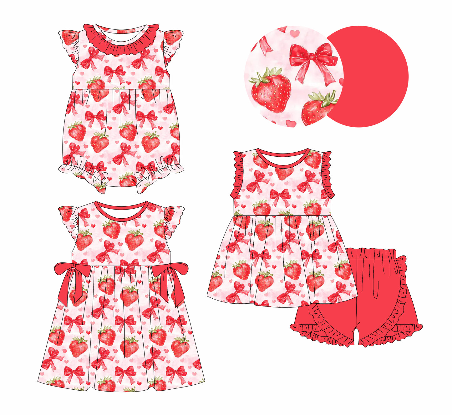 12.30 custom each style moq 5eta 4-6week Sibling Sistes strawberry bow baby girl short sleeve shorts sets and dress and rompers match family design