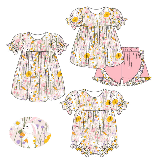 26.1.5 custom each style moq 5 eta 6-8week Sibling Sister easter floral baby short sleeve shorts sets and romper and dress match design