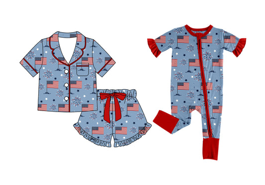 26.1.1 custom each style moq 5 eta 6-8week Sibling Sisters flag baby girl short sleeve shorts sets and rompers match family design