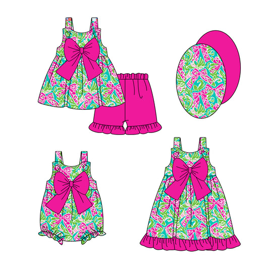 1.8 custom each style moq 5eta 4-6week Sibling Sister floral bow baby girl short sleeve shorts sets and dress and rompers match family design