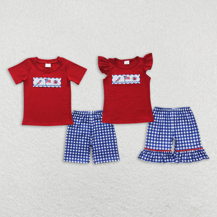 Baby Girls boys fireworks flag print red boys and girls set Family siblings set