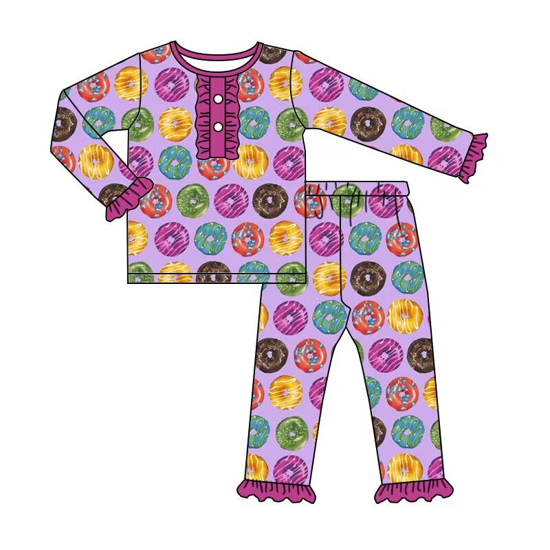 custom moq 5 eta 5-6weeks baby girls clothes Donut purple long sleeve pants Set