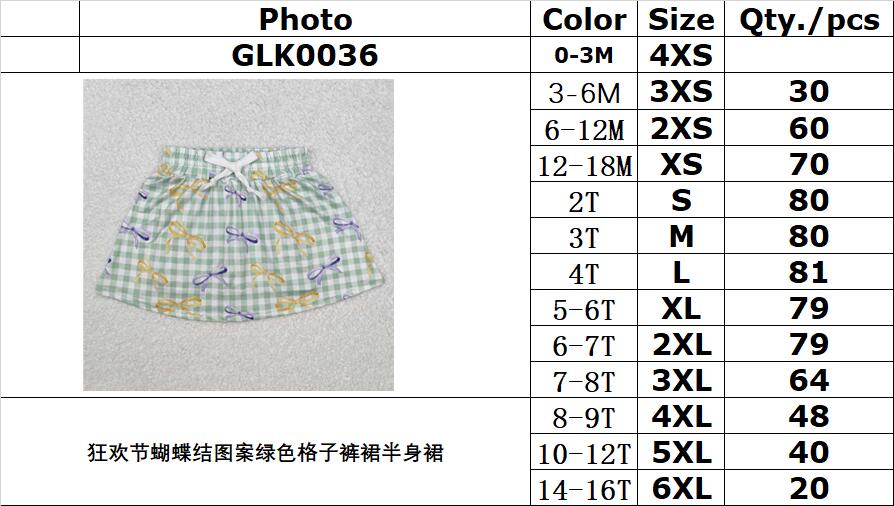 RTS NO MOQ ETA 5/7days Arrived GLK0036 Carnival bow pattern green plaid culottes skirt