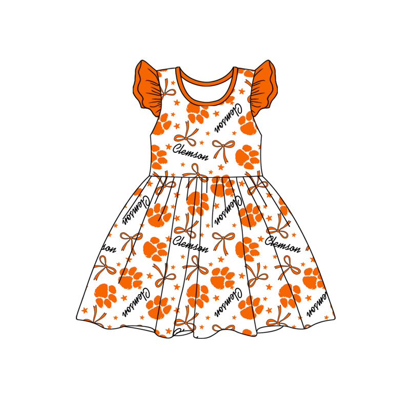 custom moq 3 eta 6-7weeks baby girls clothes bow orange flying Sleeves Dress