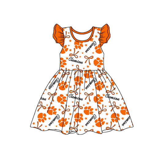 custom moq 3 eta 6-7weeks baby girls clothes bow orange flying Sleeves Dress