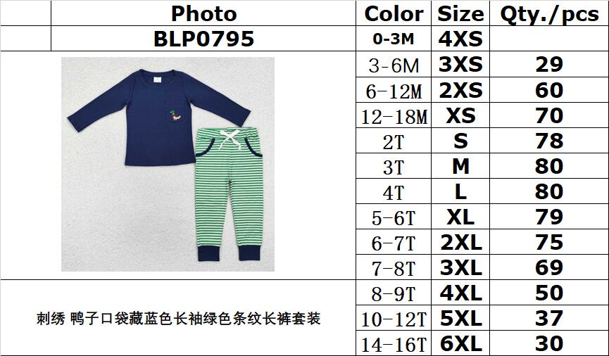 RTS NO MOQ ETA 5/7days Arrived BLP0795 Embroidered duck pocket navy blue long-sleeved green striped trousers set