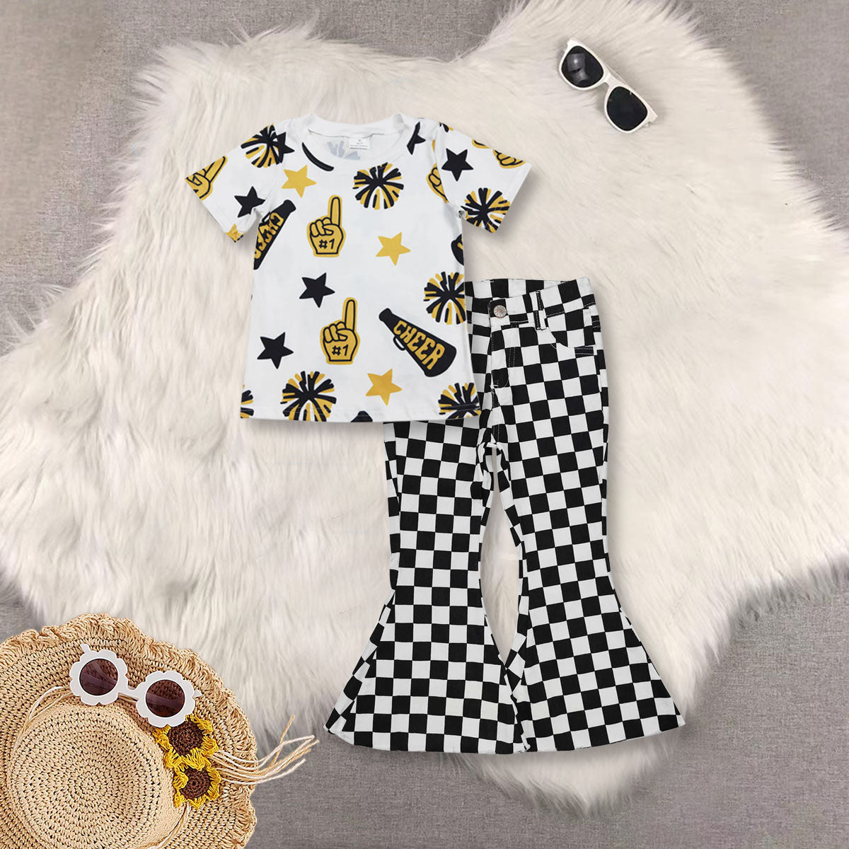 RTS NO MOQ Sibling baby girl clothes cheer short sleeve top and jeand pants