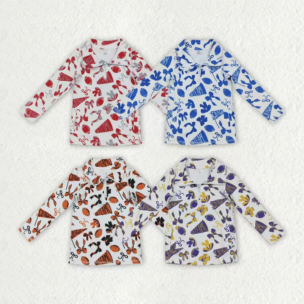 RTS NO MOQ Sibling baby girl clothes team cheer bow long sleeve tops