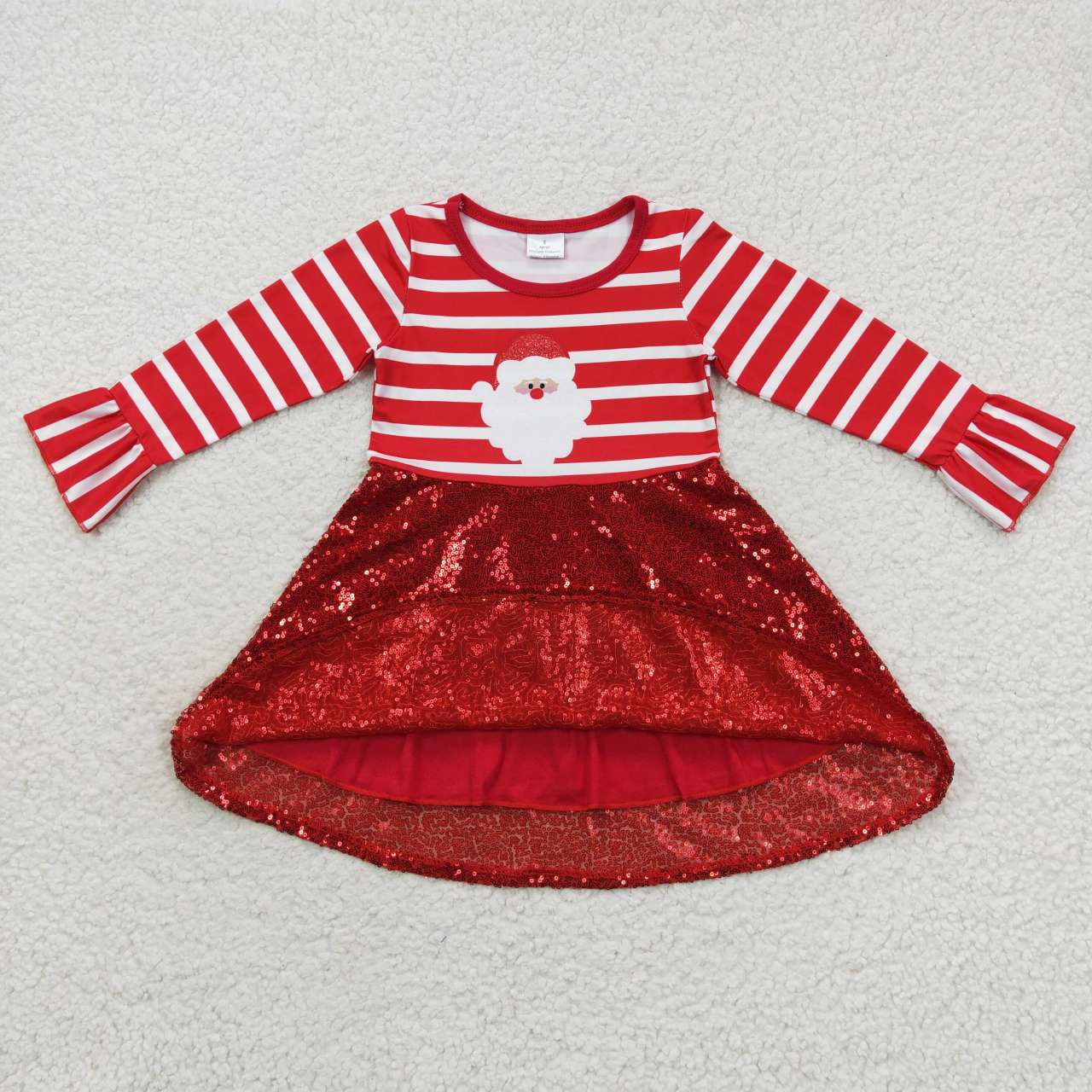 GLD0371 Santa Sequin Red and White Striped Long Sleeve  Dress