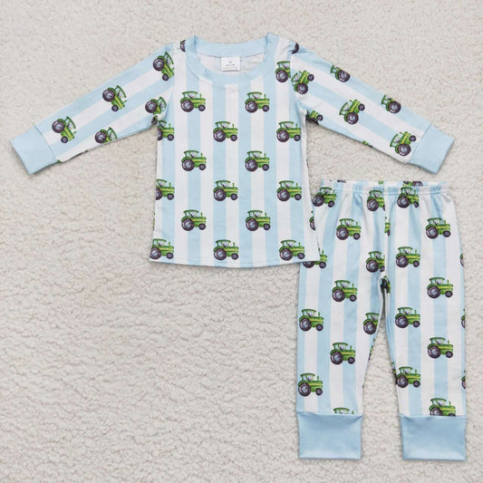 BLP0345 Green tractor blue and white striped long-sleeved trousers suit