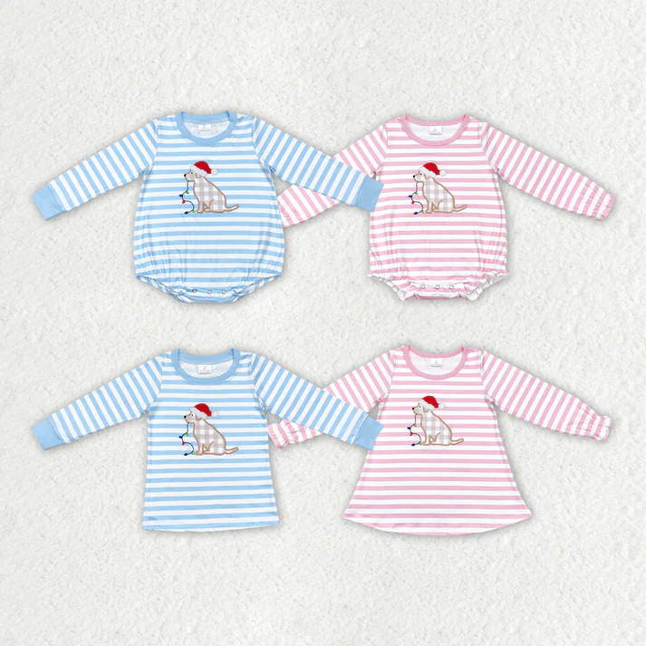 RTS NO MOQ Boys Girls Christmas Sibling Dogs Tops Rompers embroidery Christmas embroidery