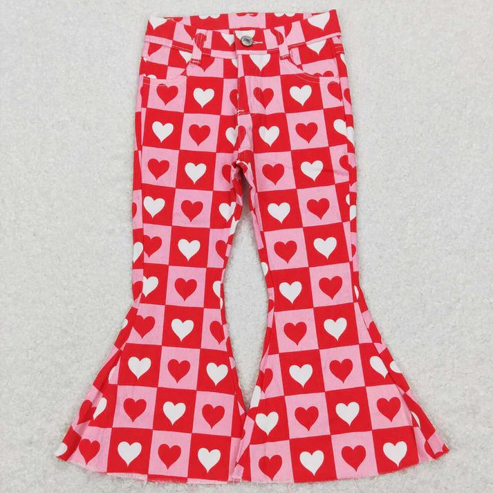 RTS NO MOQ Denim pants Baby Girls Pink Colors Valentines Denim Bell Pants Jeans