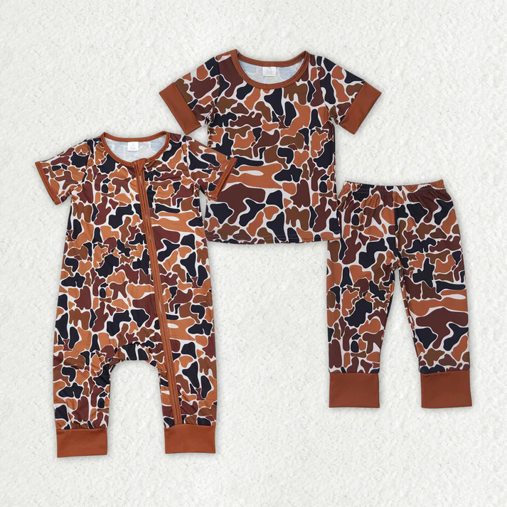 RTS NO MOQ Brown Camo Bamboo Sibling Brother Bamboo Pajamas Clothes  50%cotton +45%bamboo +5%spandex