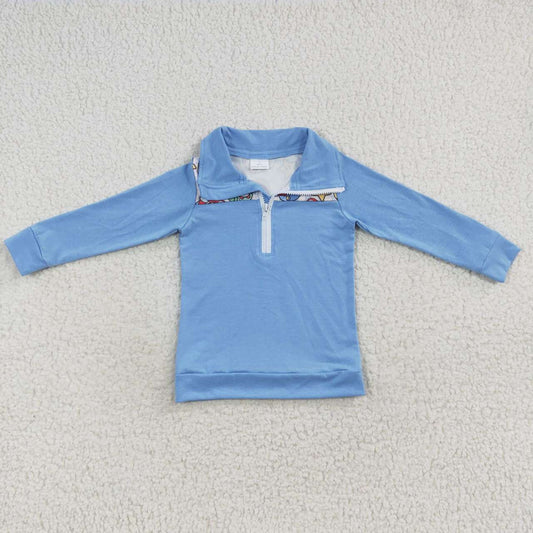 BT0265 Cartoon Mario Dinosaur Light Blue Zipper Long Sleeve Top