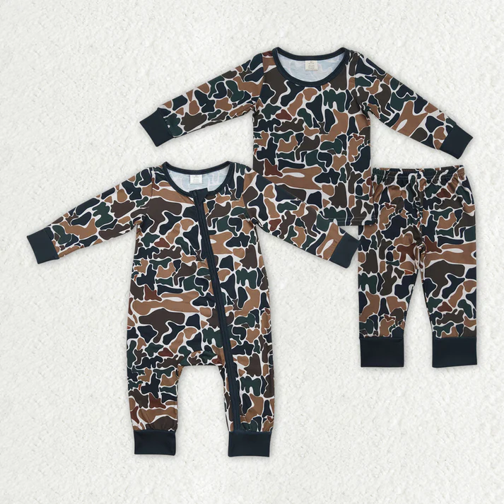 RTS NO MOQ Baby Boys Sibling Brown Camo Bamboo Rompers Pajamas Clothes Sets