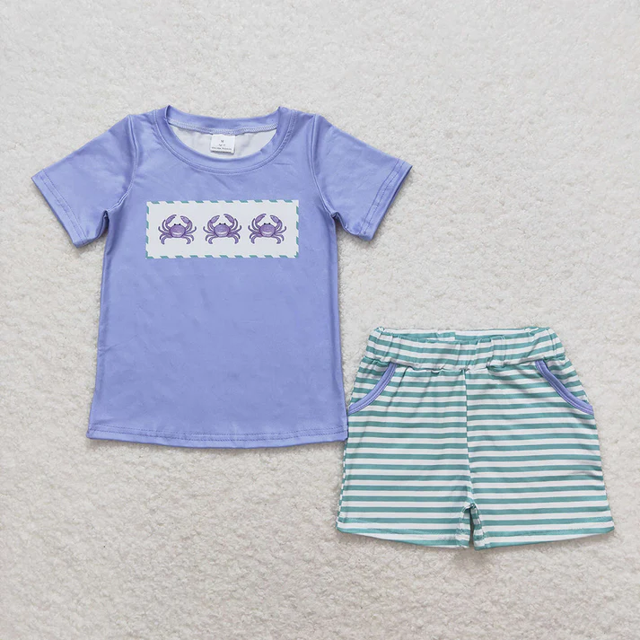 RTS NO MOQ Baby Boys Blue Crabs Sibling Brother Rompers Shorts Clothes Sets