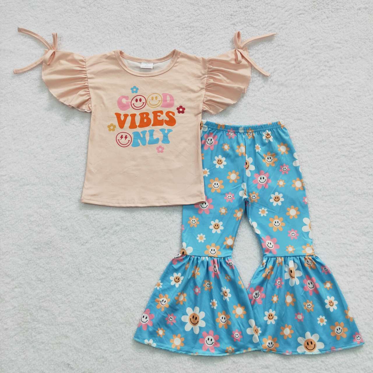 GSPO0637 Skin Tone Flying Sleeves Blue Smiley Floral Flared Pants Set