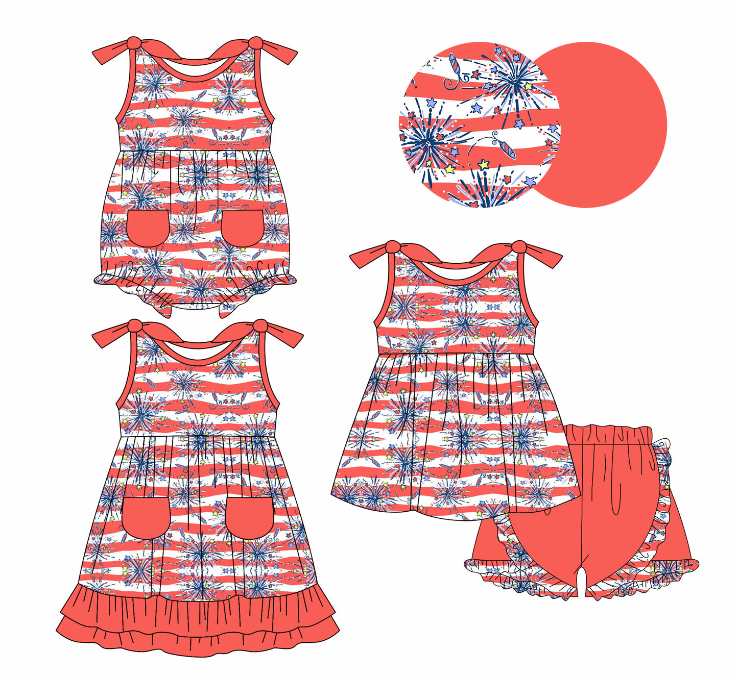 1.13 custom each style moq 5eta 4-6week Sibling Sisters firework baby girl short sleeve shorts sets and dress and rompers match family design