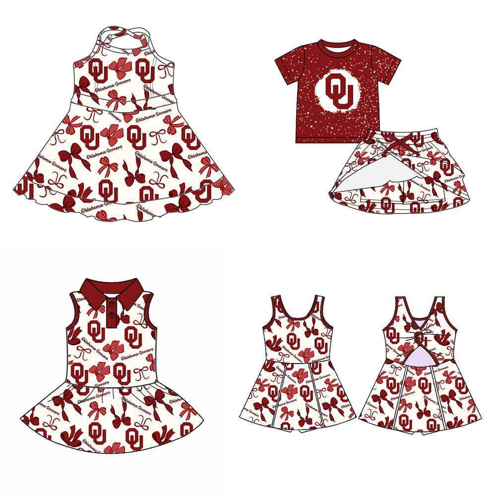Custom moq 5 mix sizes summer teams baby girls clothes team brick red short sleeve skirts shorts sets dress 1 and dress 2 and dress 3 and dress 4-25.5.23