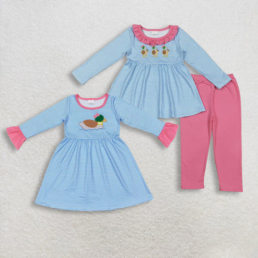 RTS NO MOQ sibling baby girls clothes embroidery duck long sleeve Clothes Sets and dress