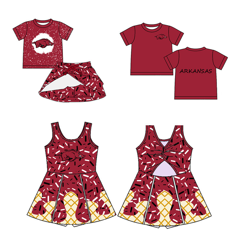 Custom moq 5 mix sizes summer teams baby girls clothes team brick red short sleeve shorts skirts sets dress top-25.5.9