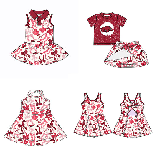 Custom moq 5 mix sizes summer teams baby girls clothes team brick red short sleeve skirts shorts sets dress 1 and dress 2 and dress 3 and dress 4-25.5.14