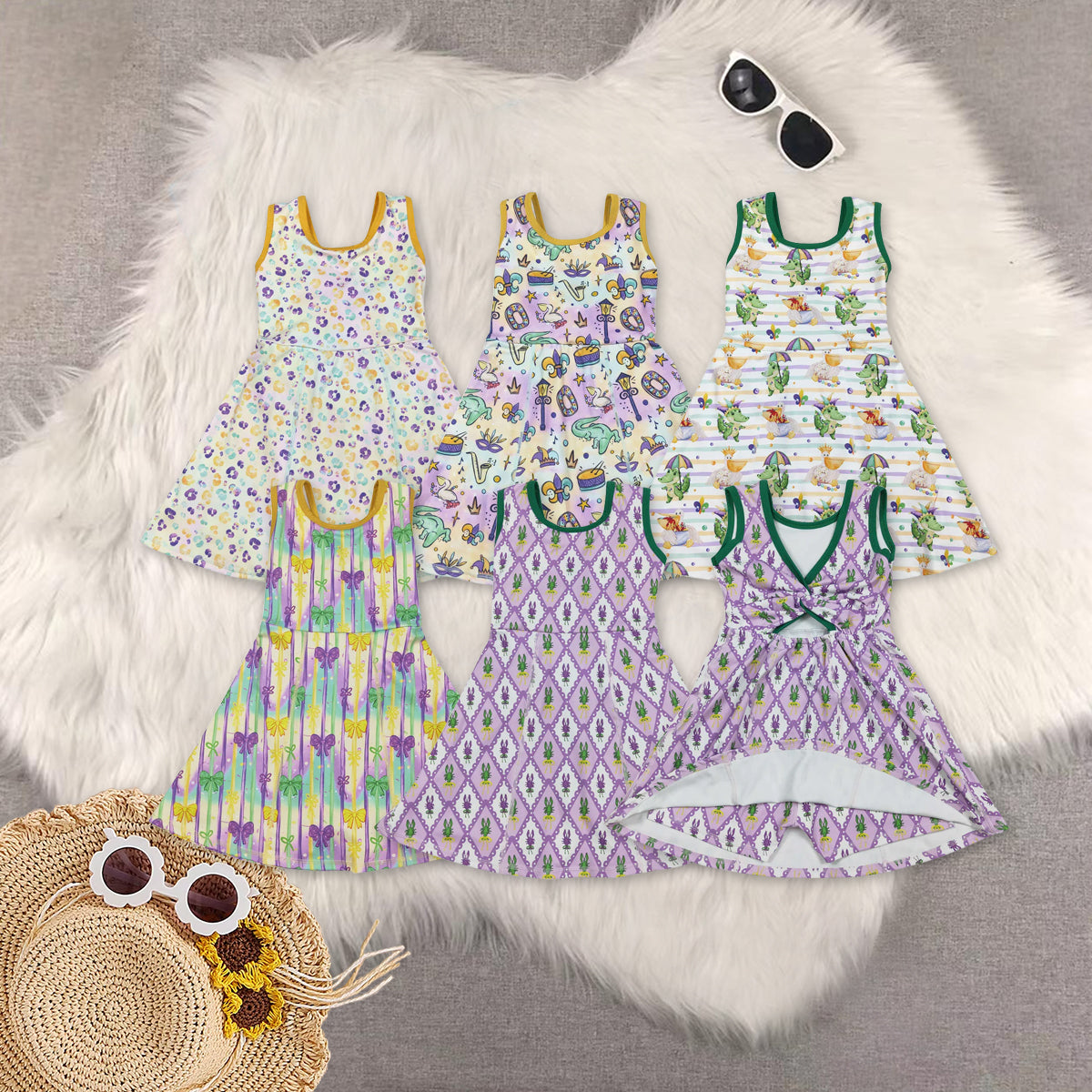 RTS NO MOQ Sibling baby Girls clothes mardi gras yoga sleeveless dresses