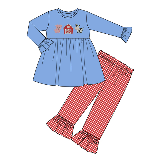 Custom moq 3 eta 7/8week moq 5 eta /4/5week Piglet-House-Cow Pattern Blue Loose Ruffle Cuff Long Sleeve Top & Red Plaid Pants Set