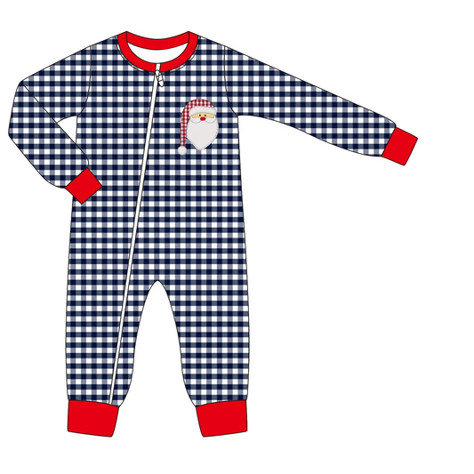 Custom moq 3 eta 7/8week moq 5 eta /4/5week Embroidered Santa Claus Navy Blue Small Plaid Long Zipper Romper
