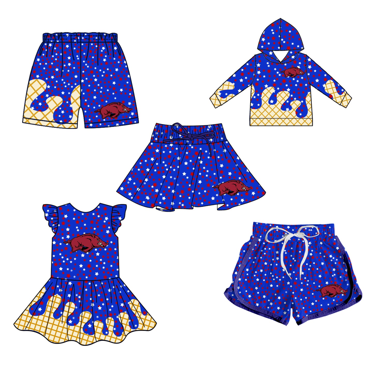 Custom summer teams baby girls clothes team blue hooded long sleeve tops and dress and skirts and shorts 1 and shorts 2-25.5.8