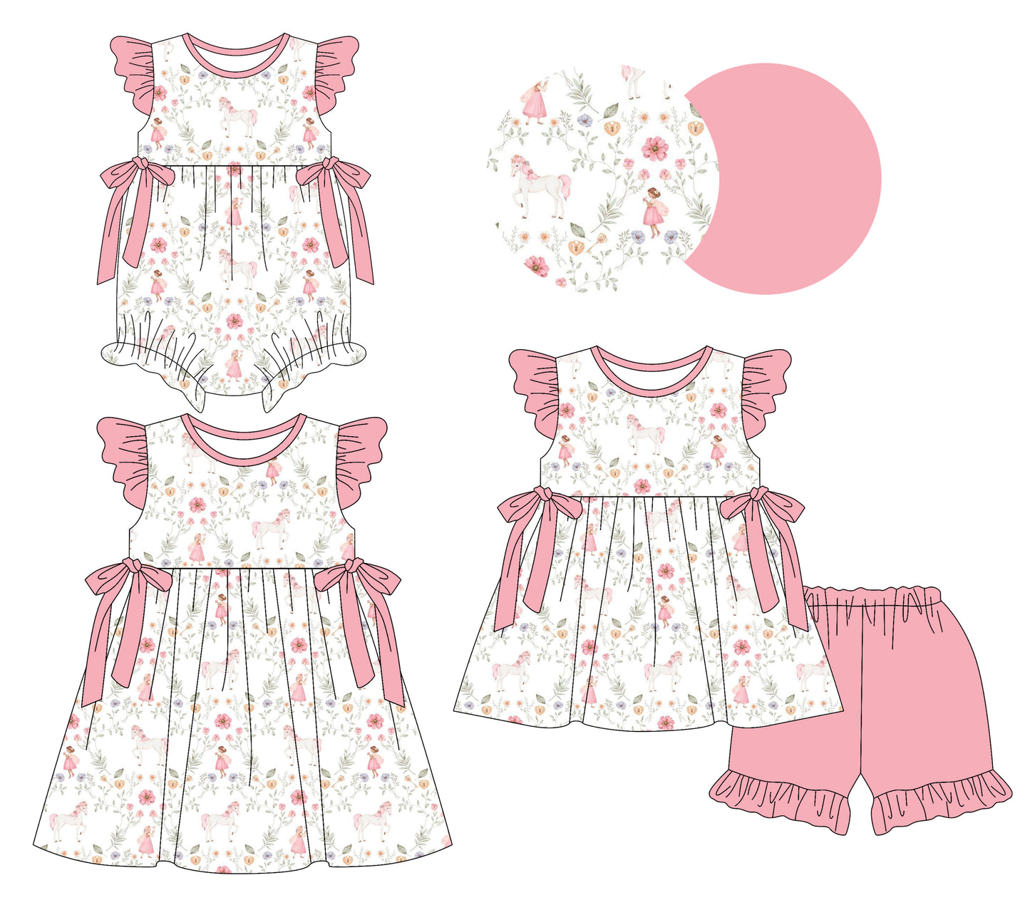 26.1.7 custom each style moq 5 eta 6-8week Sibling Sister floral baby short sleeve shorts sets and romper and dress match design