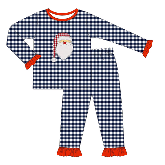 Custom moq 3 eta 7/8week moq 5 eta /4/5week Embroidered Santa Claus Red Ruffled Lace Cuffs Navy Blue Small Plaid Long Sleeve Suit