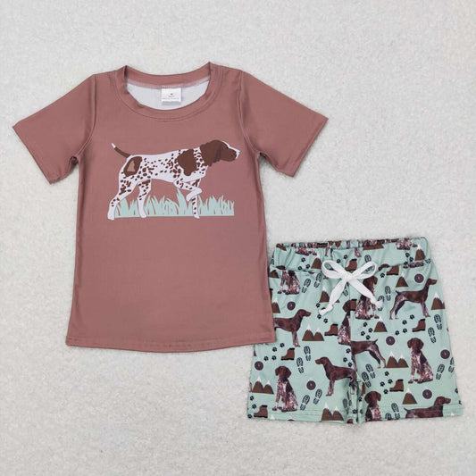 BSSO0335 Dalmatian Brown Short Sleeve Offset Green Shorts Set