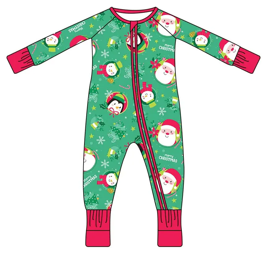 Custom moq 3 eta 7/8week moq 5 eta /4/5week Green Christmas Snowman-Snowflake Long Zipper Romper