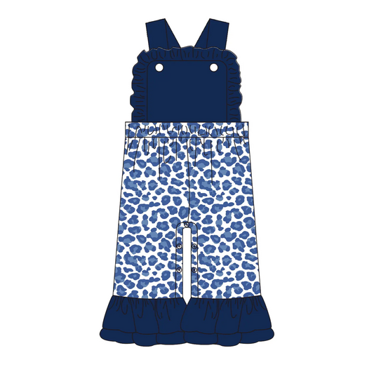 Custom moq 3 eta 7/8week moq 5 eta /4/5week Navy blue pleated leopard print overalls